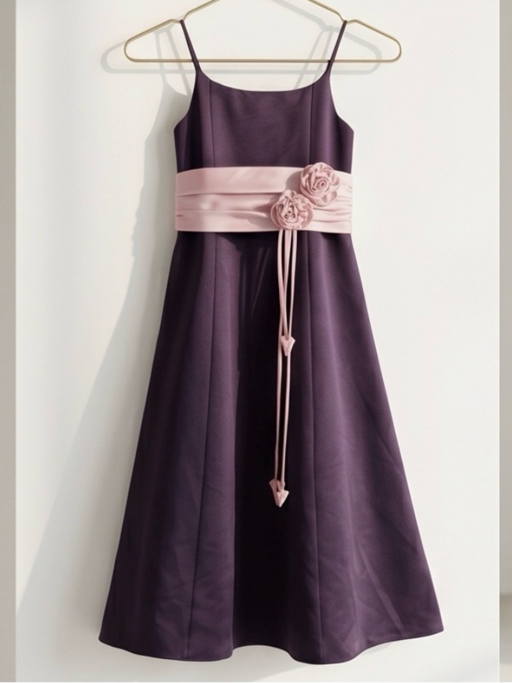 Girls Plum Formal Dress with Pink Sash and Rosette Detail